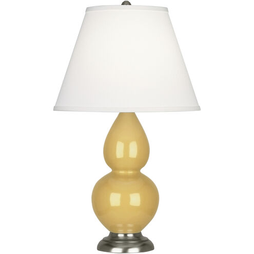 Small Double Gourd 22.75 inch 150.00 watt Sunset Yellow Glazed Ceramic with Antique Silver Accent Lamp Portable Light in Pearl Dupioni