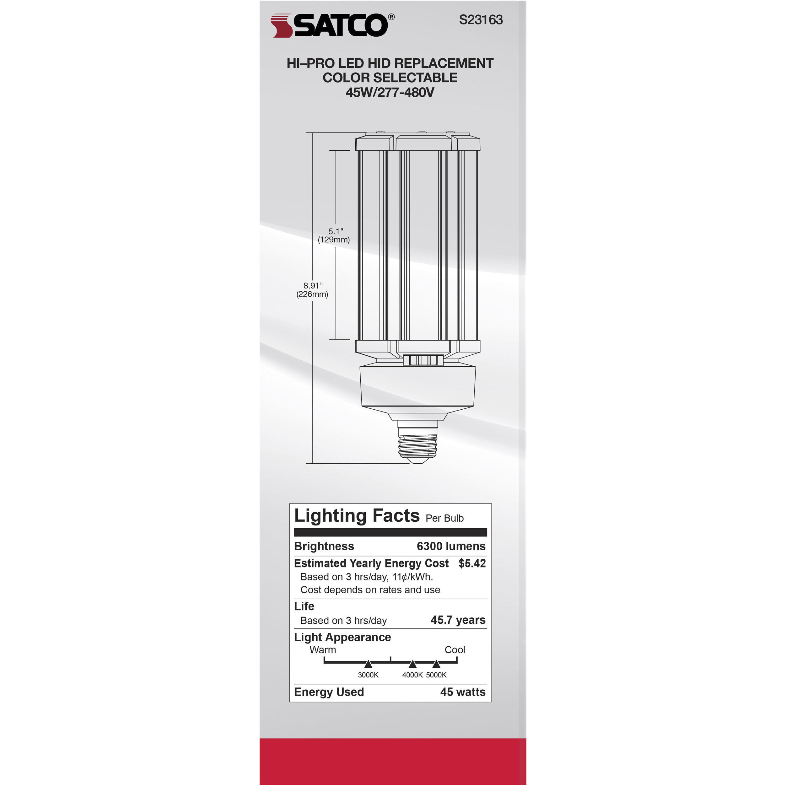 Lumos LED Medium 45 watt 277-480 3000K/4000K/5000K HID Replacements, HID Replacements