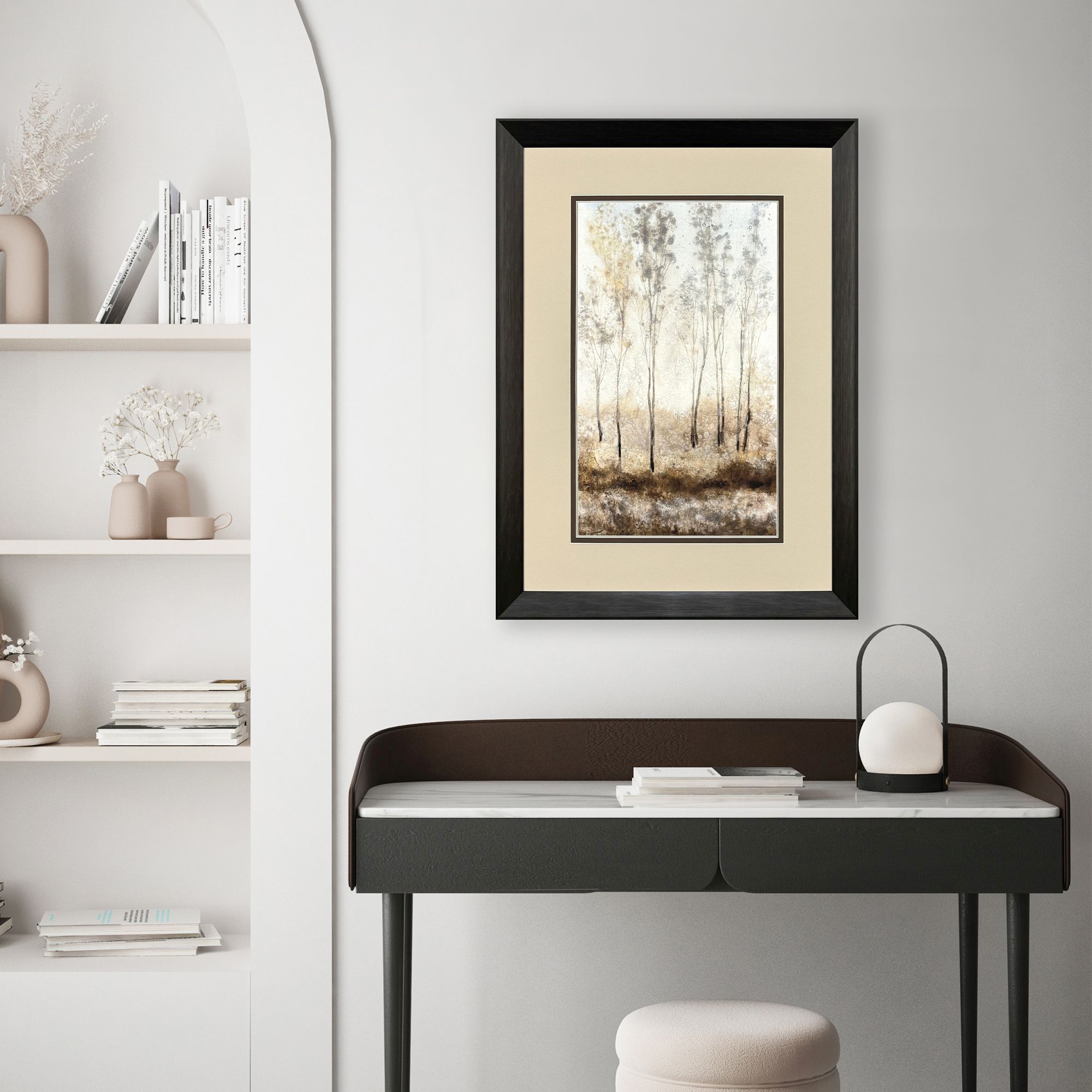 Woodland Shimmer Light Brown and Beige and Gray and Neutral Framed Art