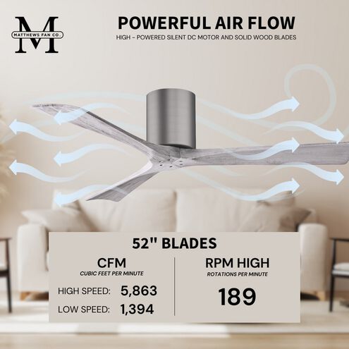 Atlas Irene-3H 52 inch Brushed Pewter with Barn Wood Tone Blades Ceiling Fan, Flush Mounted
