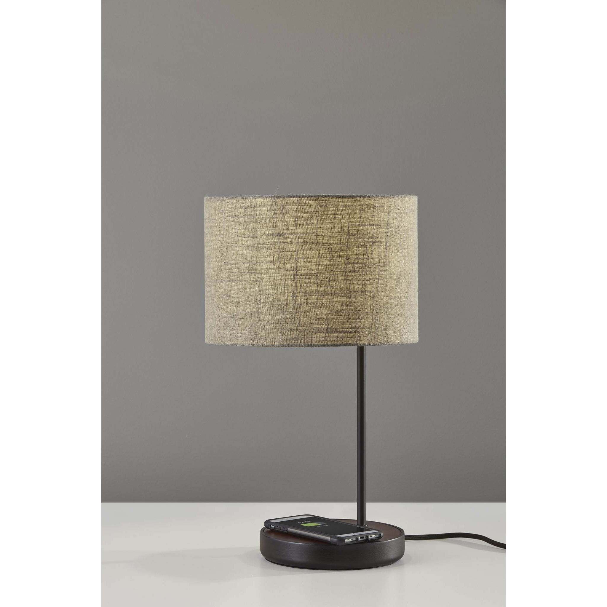 Oliver 20 inch 100.00 watt Matte Black and Walnut Poplar Wood Table Lamp Portable Light, with AdessoCharge Wireless Charging Pad and USB Port 