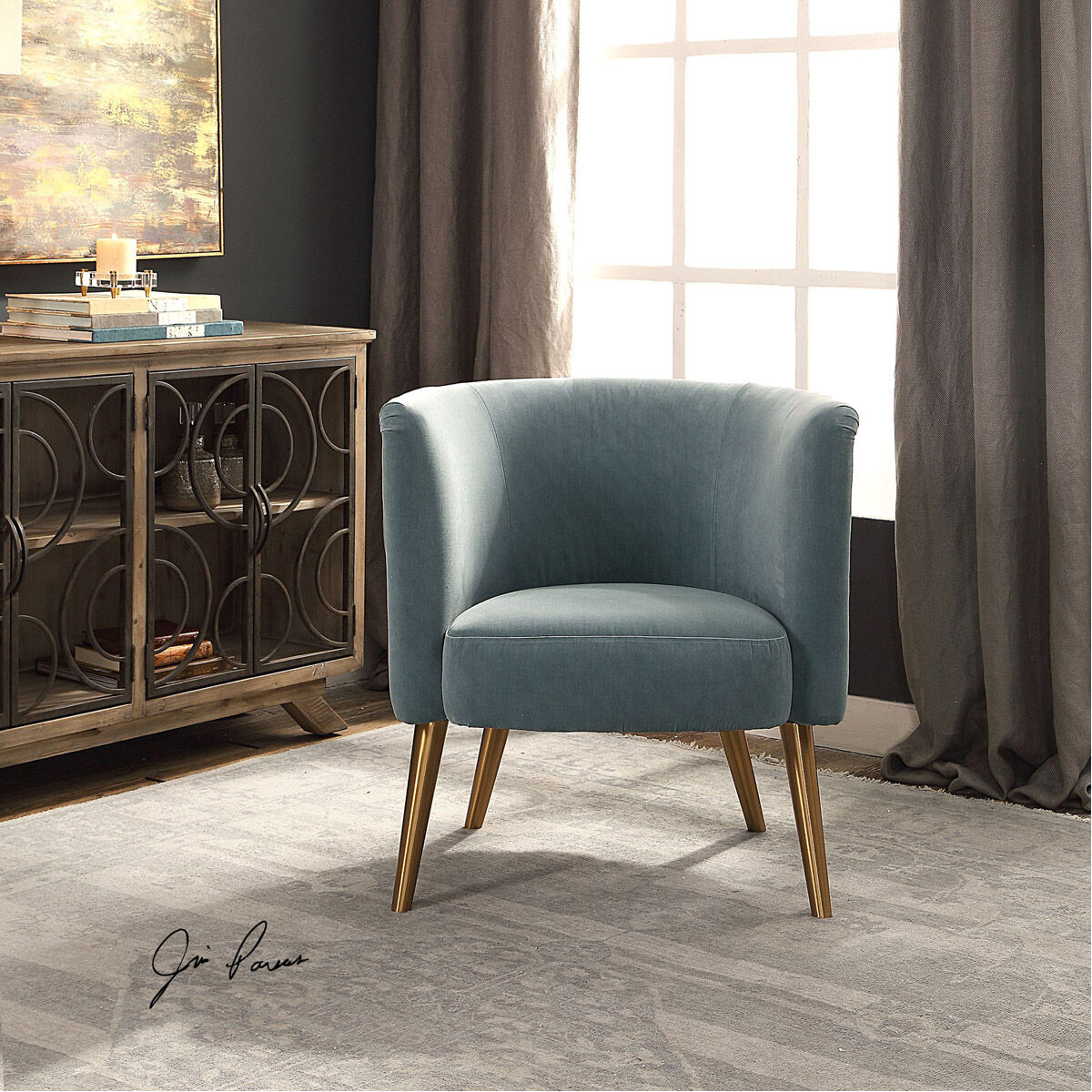Uttermost 23480 Haider Steel Gray and Brushed Brass Accent Chair