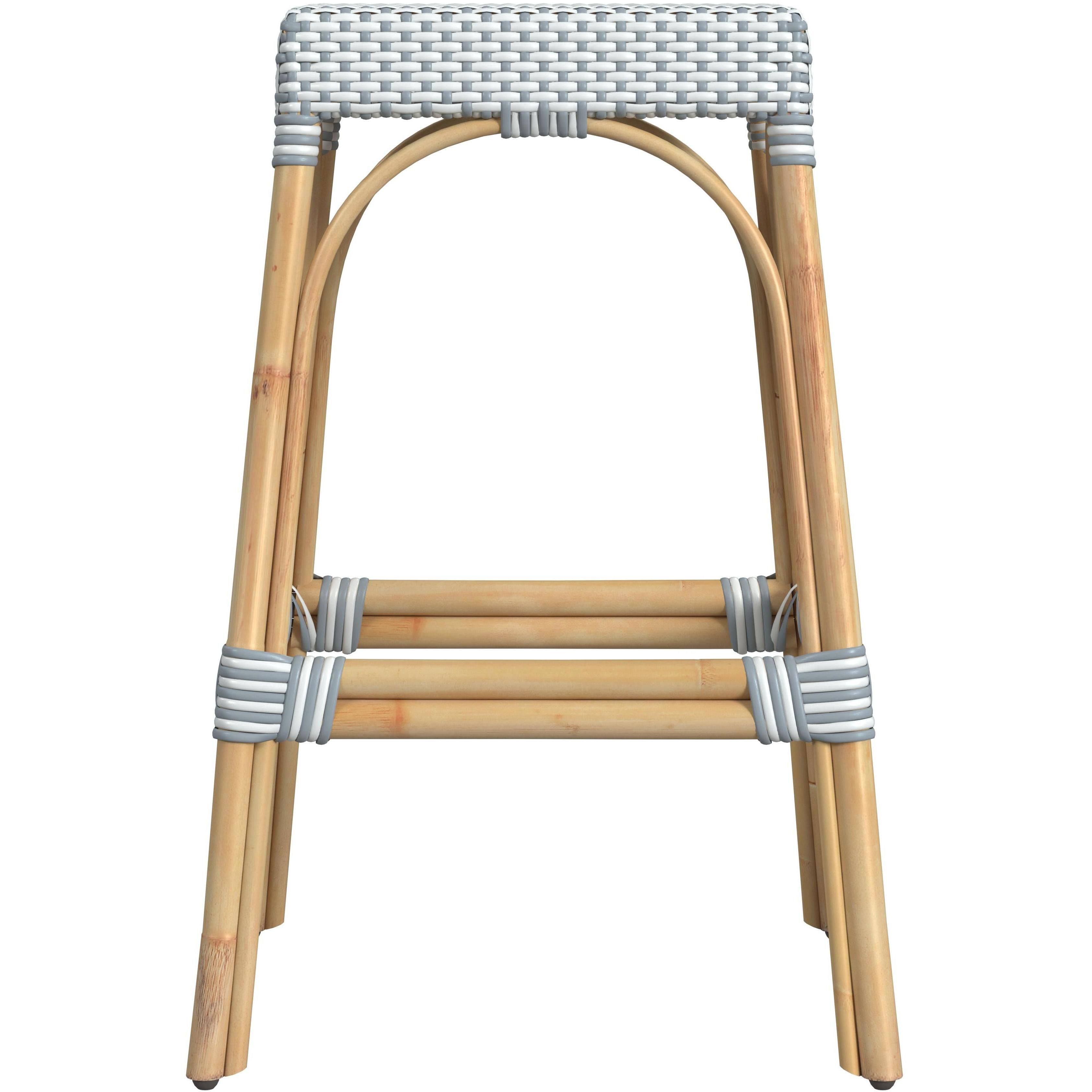 Robias Rectangular Rattan 30" Bar Stool in White and Sky Blue Dot