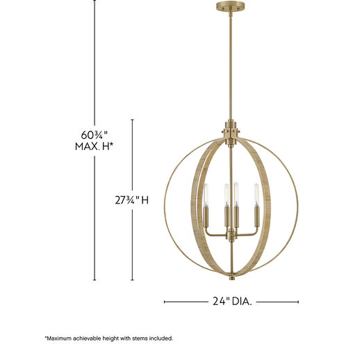 Fallon 4 Light 24 inch Lacquered Brass with Bamboo Chandelier Ceiling Light