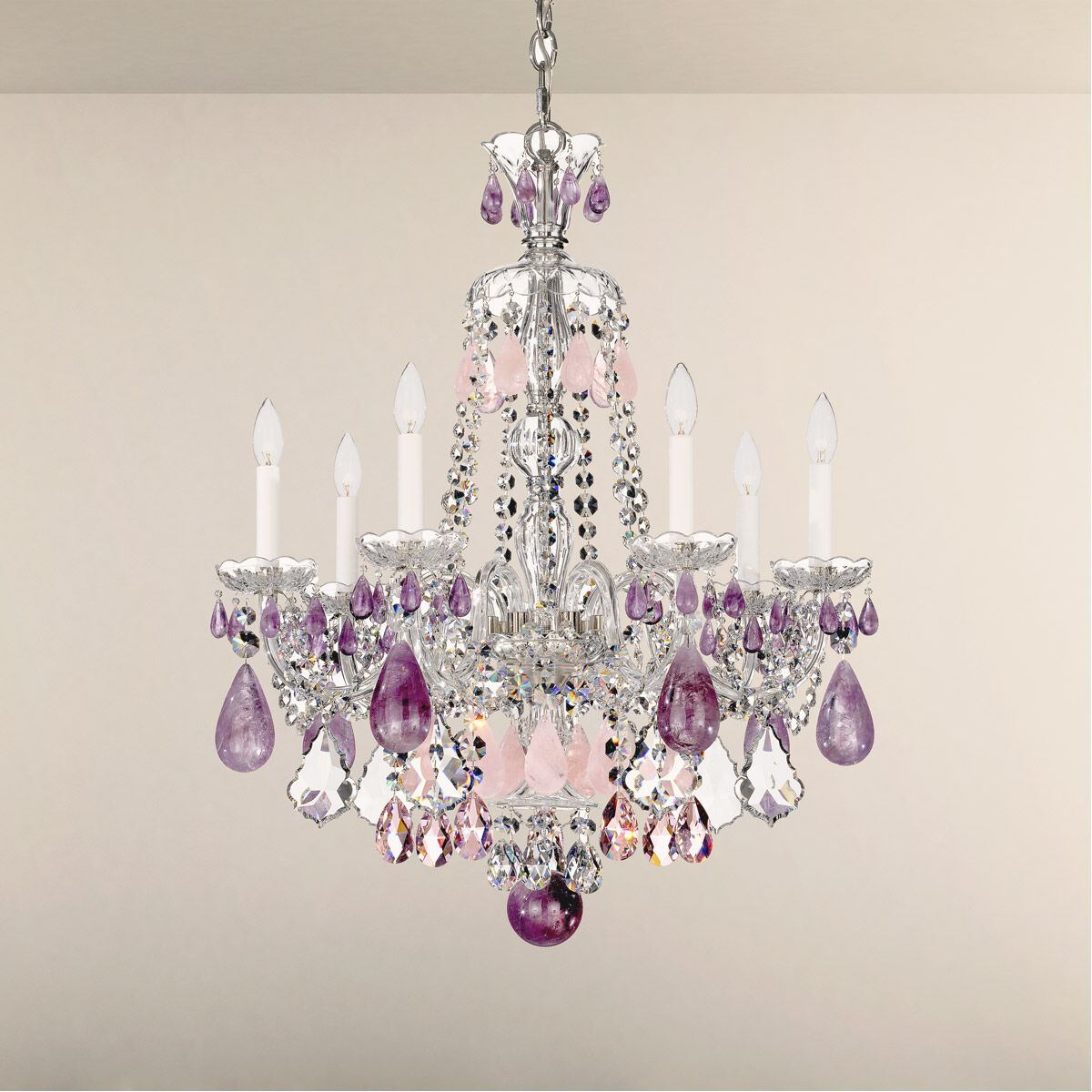 Hamilton Rock Crystal 7 Light 24 inch Silver Chandelier Ceiling Light in Polished Silver, Rock Amethyst