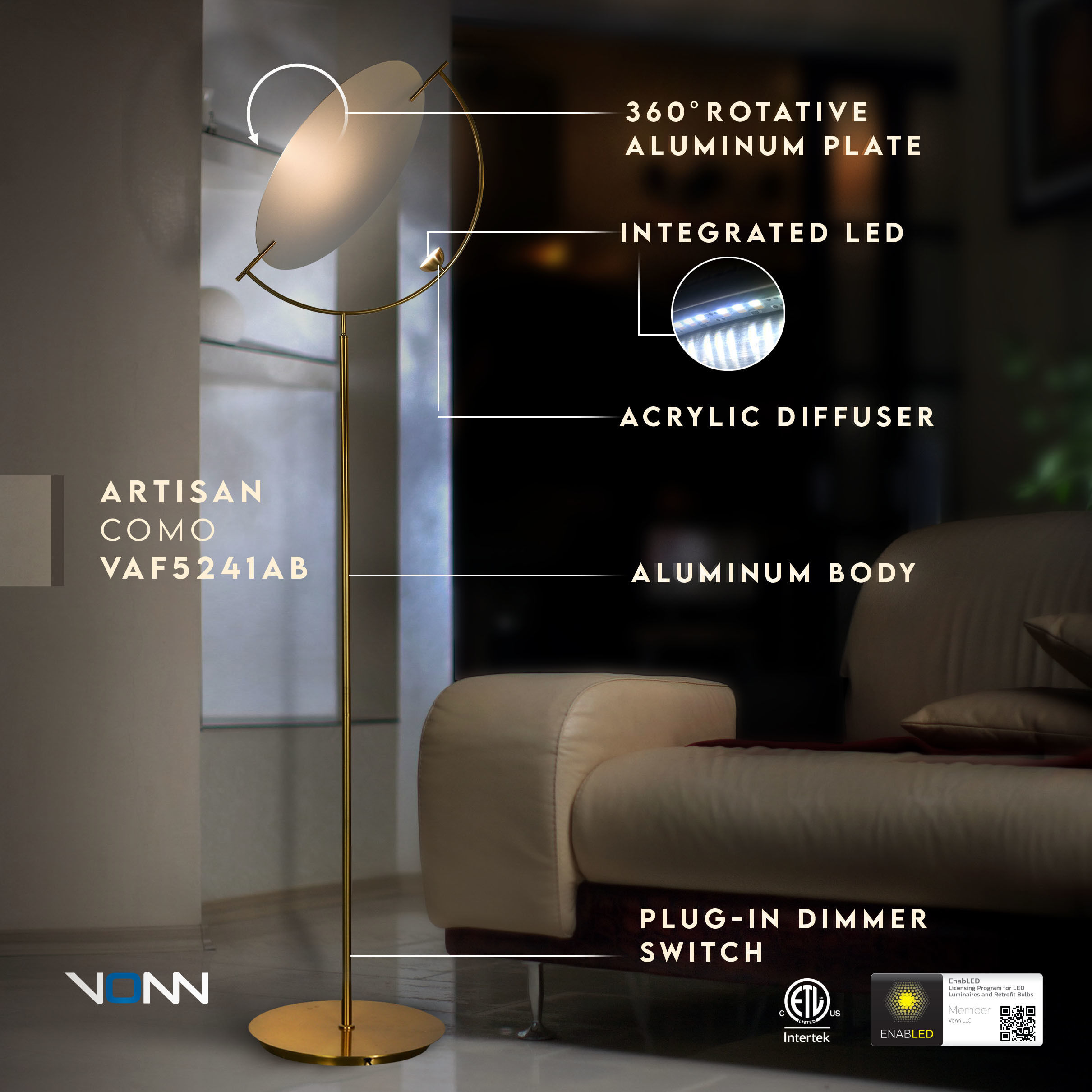 Artisan Collection/ COMO Series 59.75 inch 4 watt Antique Brass Floor Lamp Portable Light