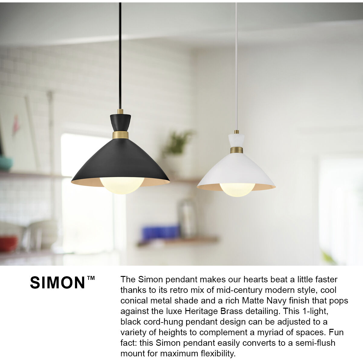 Simon LED 13 inch Black with Heritage Brass accents Pendant Ceiling Light, Semi-Flush Mount