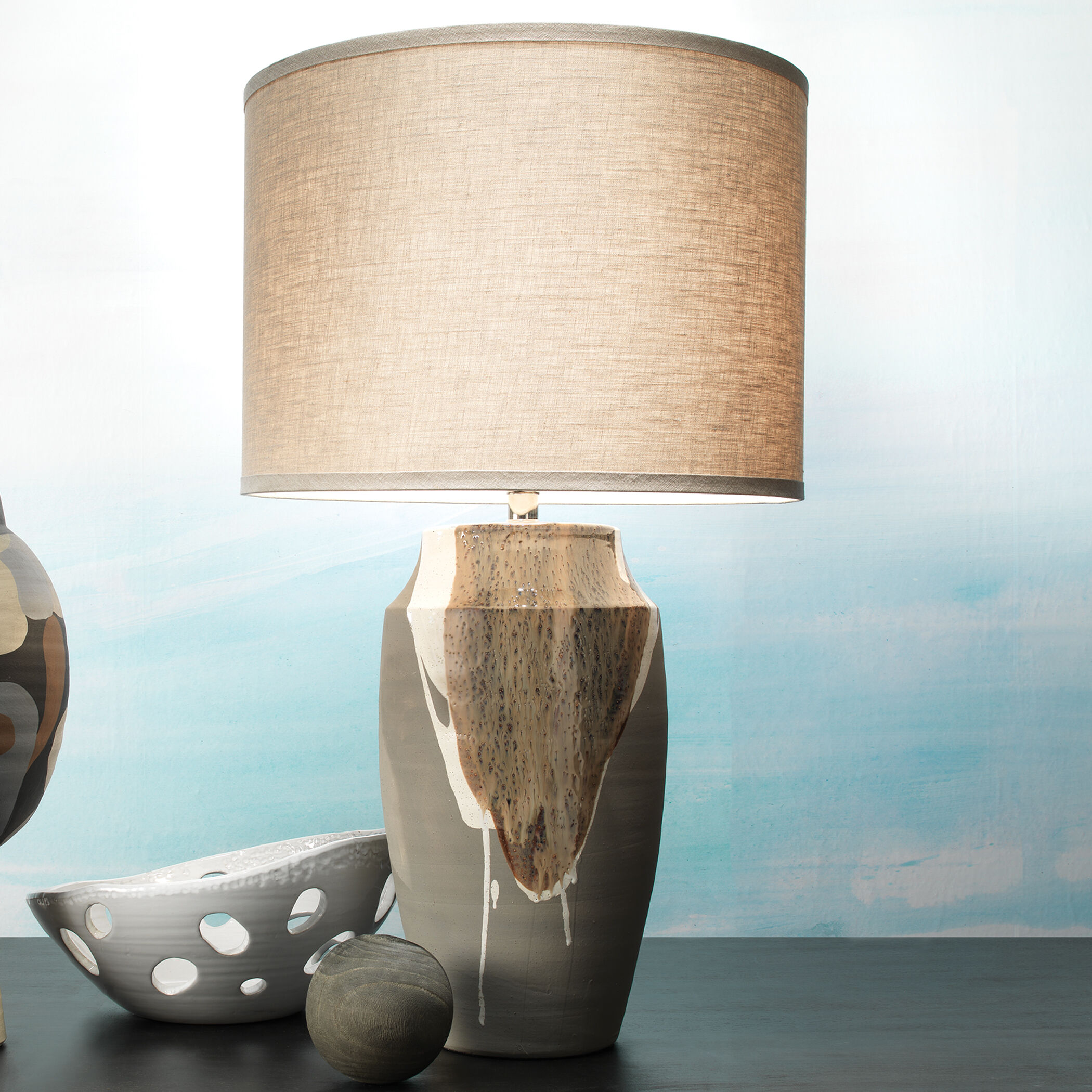 Landslide 32 inch 150 watt Matte Grey w/ Beige & White Drip Table Lamp Portable Light