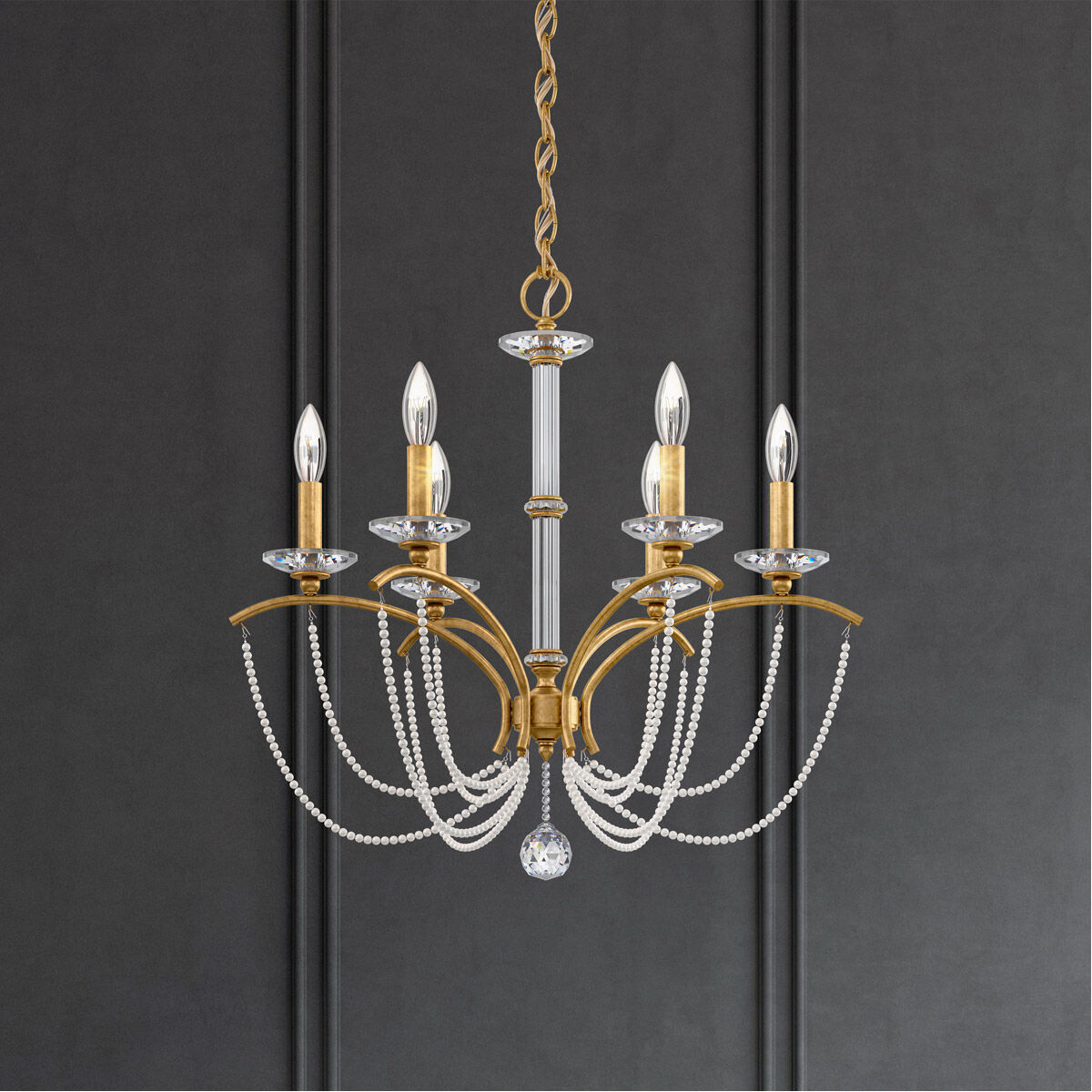 Priscilla 6 Light Heirloom Gold Chandelier Ceiling Light in White Pearl, Adjustable Height