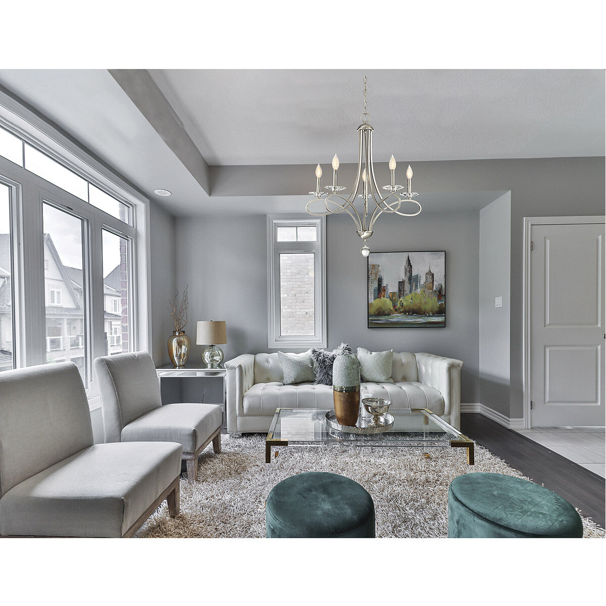 Modern 5 Light 26 inch Brushed Nickel Chandelier Ceiling Light