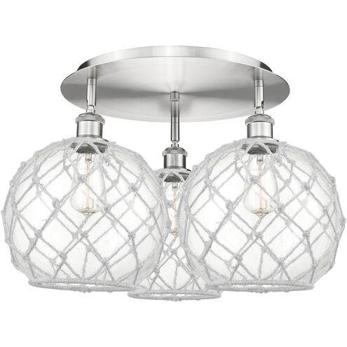 Ballston Farmhouse Rope 3 Light 21.75 inch Satin Nickel Flush Mount Ceiling Light in Clear Glass with White Rope