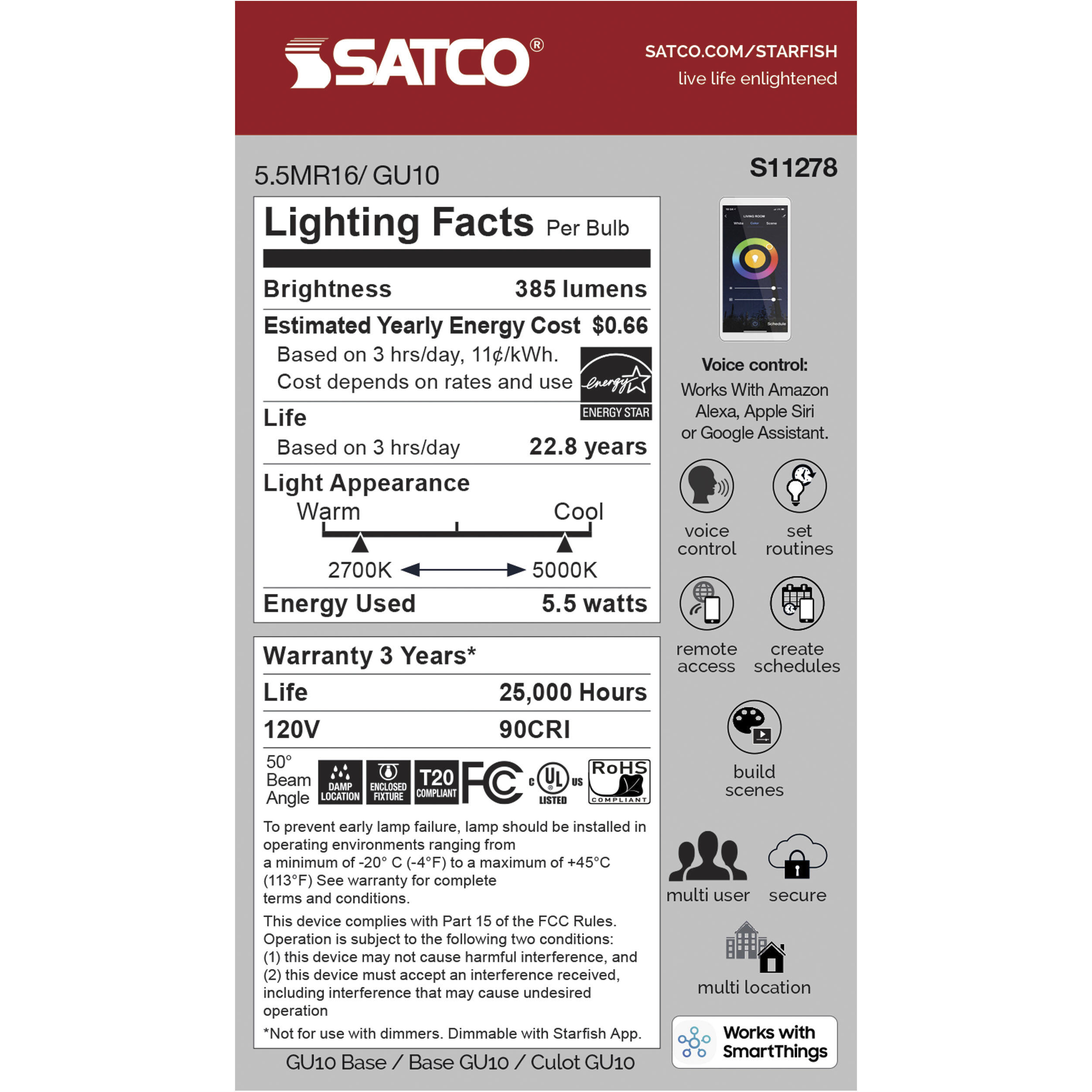 Starfish LED MR16 Bi Pin GU10 5.50 watt 2700K-5000K Light Bulb