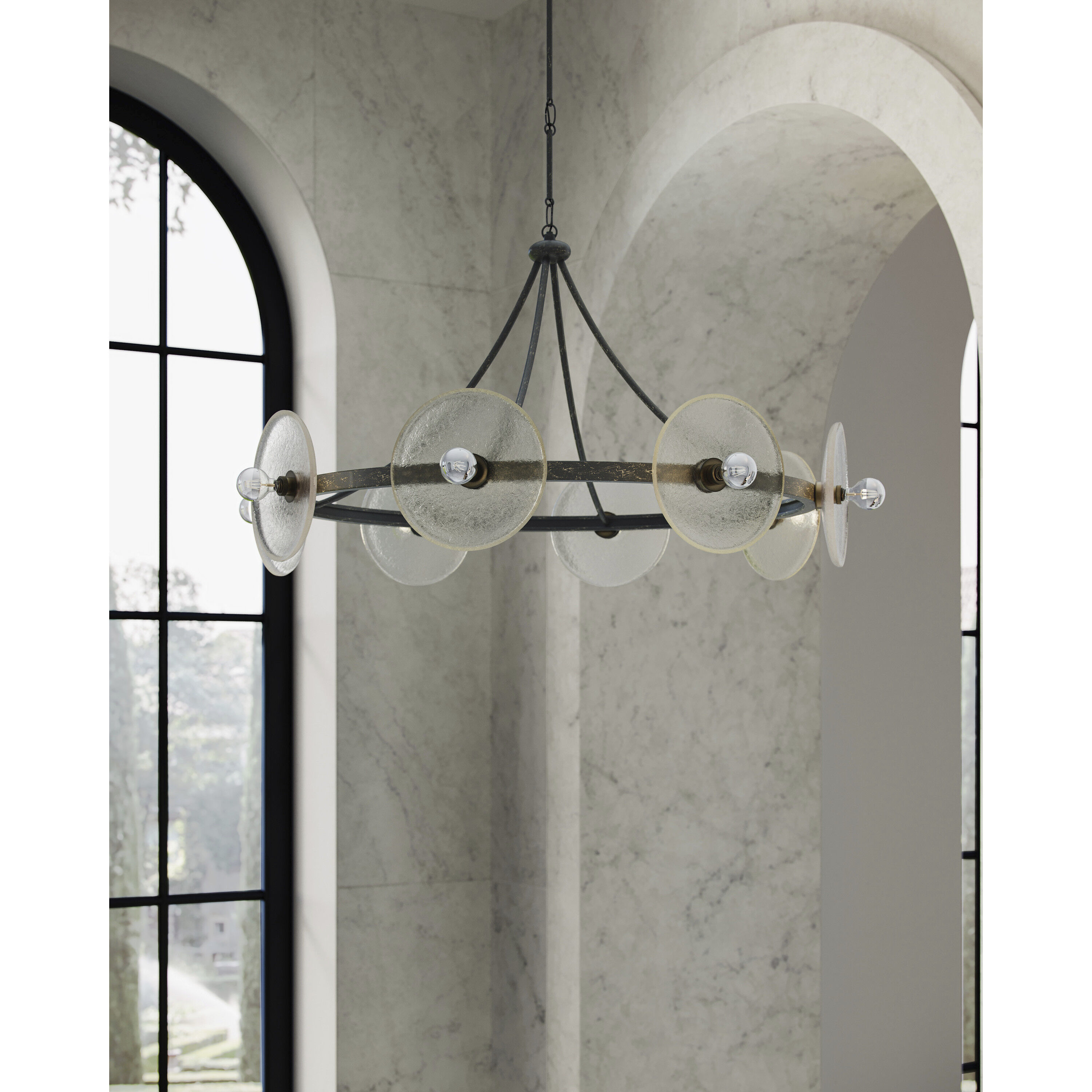 Circumstellar 8 Light 37.25 inch Black Iron/Clear Disc Chandelier Ceiling Light