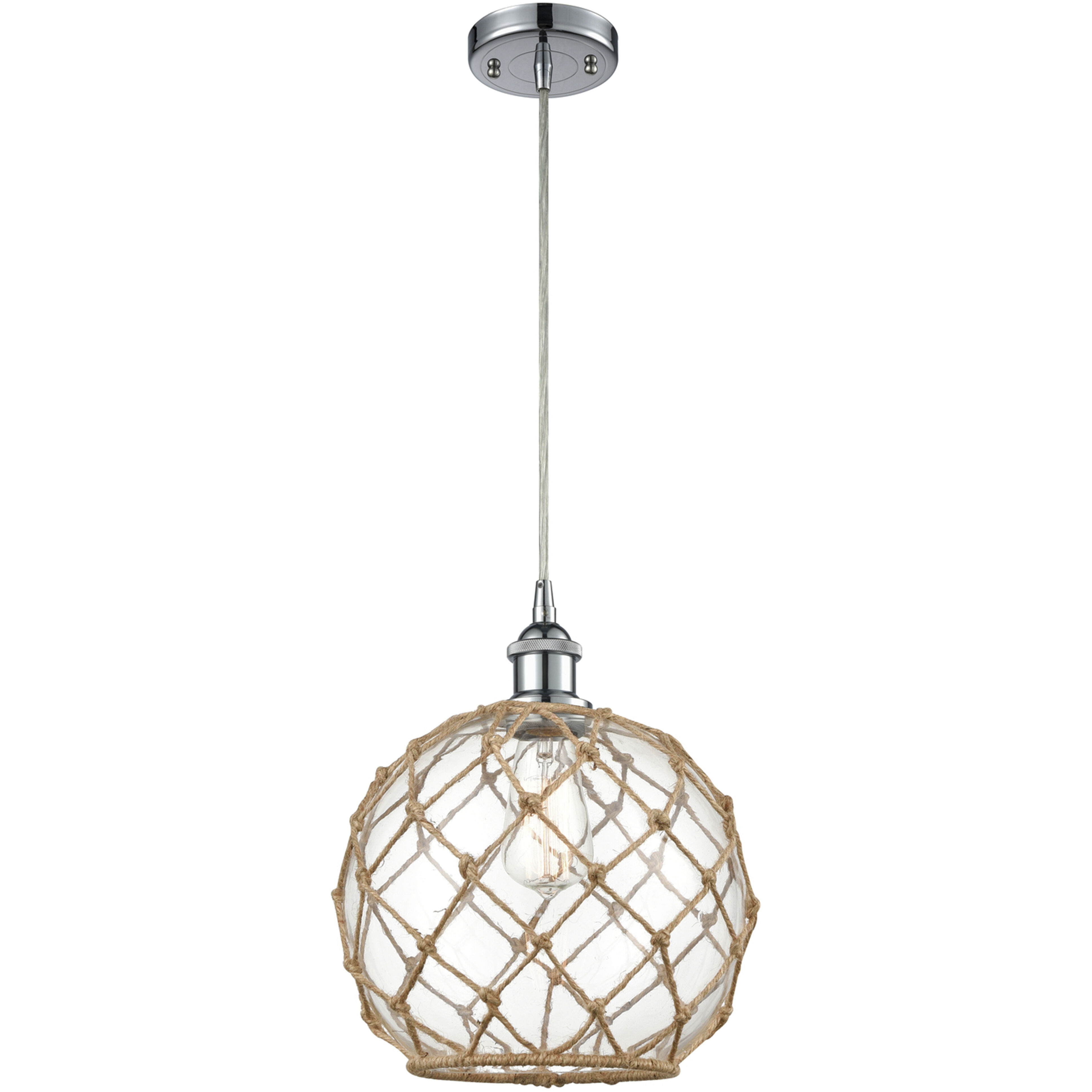 Ballston Large Farmhouse Rope LED 10 inch Polished Chrome Mini Pendant Ceiling Light in Clear Glass with Brown Rope, Silver, Ballston