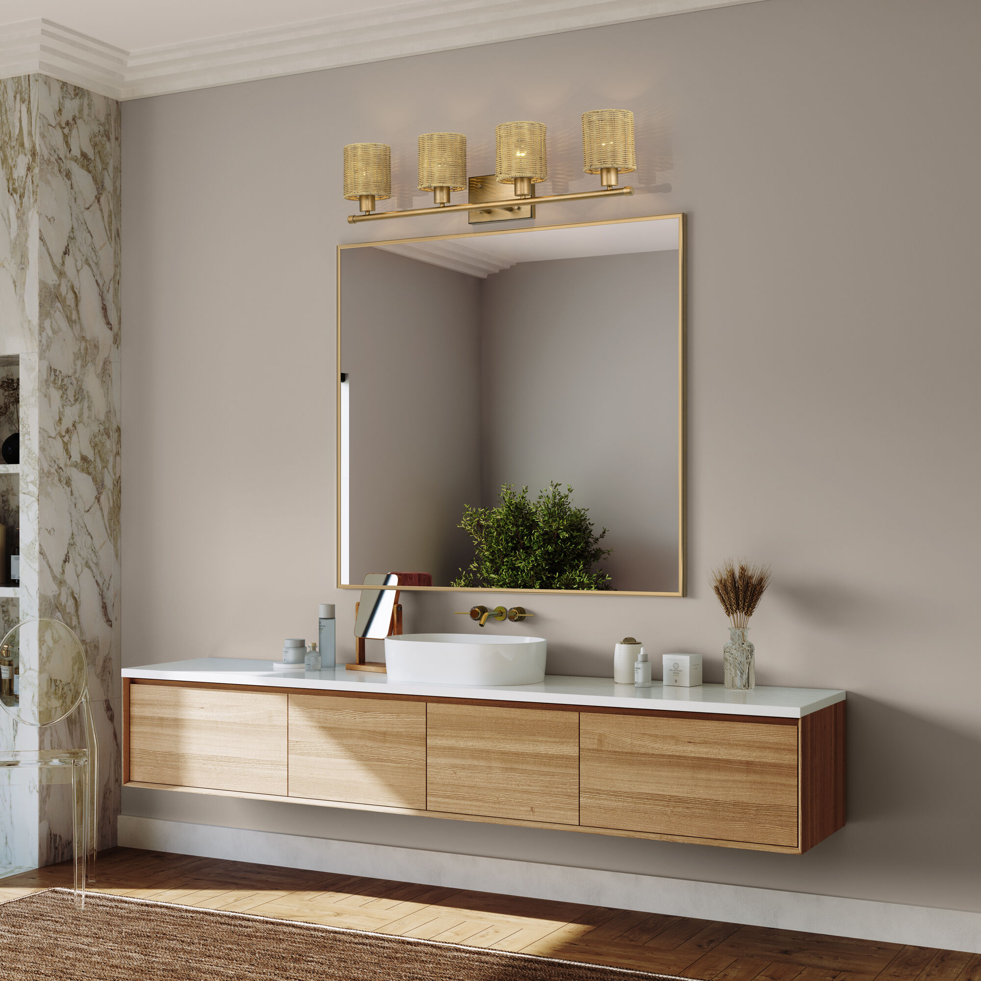 Weavington 4 Light 35.5 inch Antique Gold Leaf Vanity Wall Sconce Wall Light