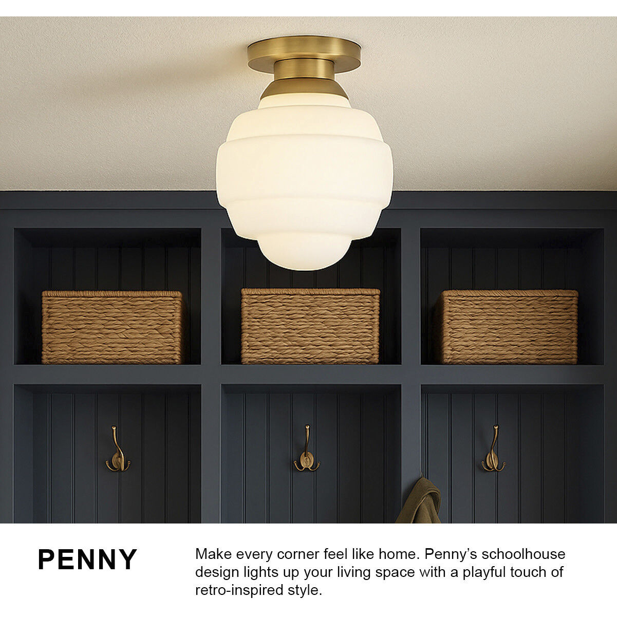 Penny 1 Light 12 inch Lacquered Brass Flush Mount Ceiling Light, Small