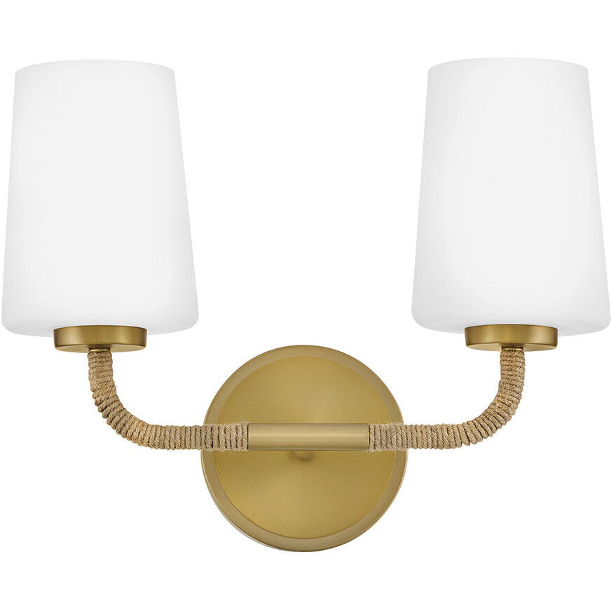 Kline 2 Light 14.25 inch Lacquered Brass with Natural Vanity Light Wall Light in Etched Opal, Small