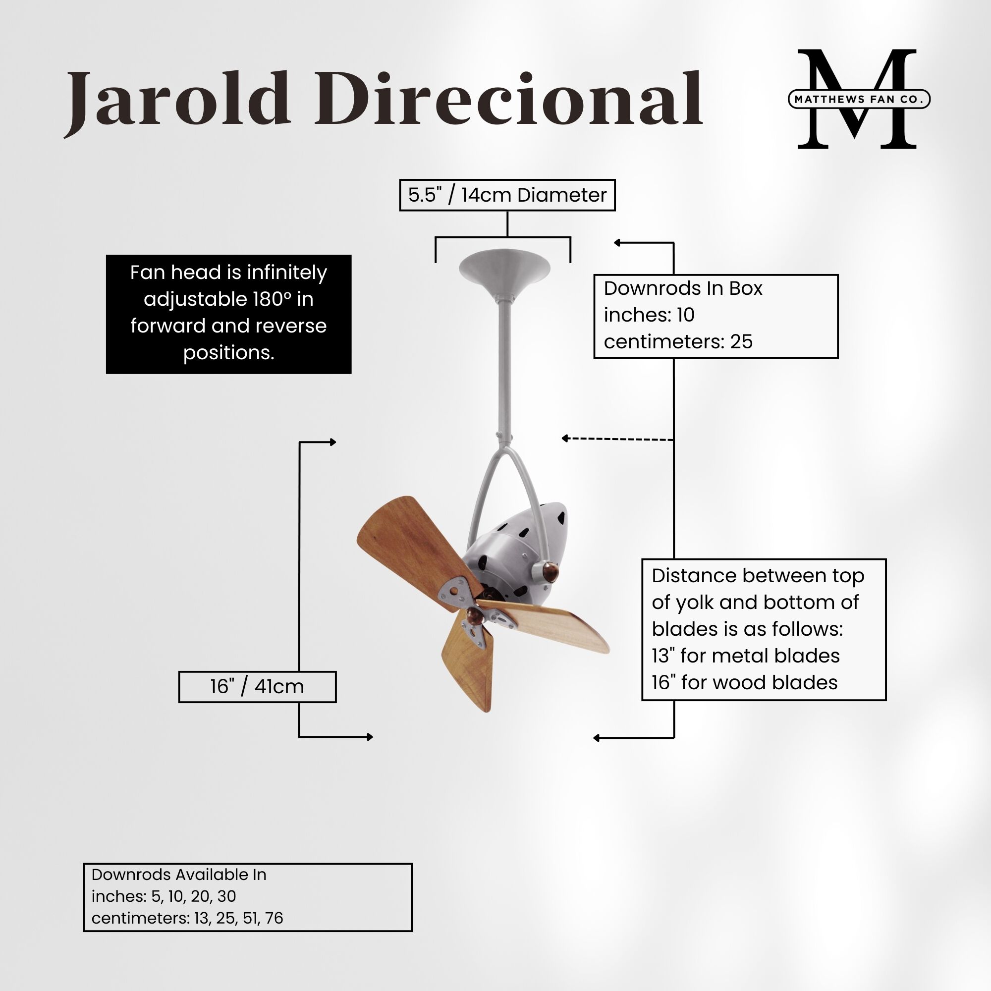 Matthews-Gerbar Jarold Direcional 16 inch Brushed Nickel with Solid Mahogany Wood Blades Directional Ceiling Fan, Matthews-Gerbar