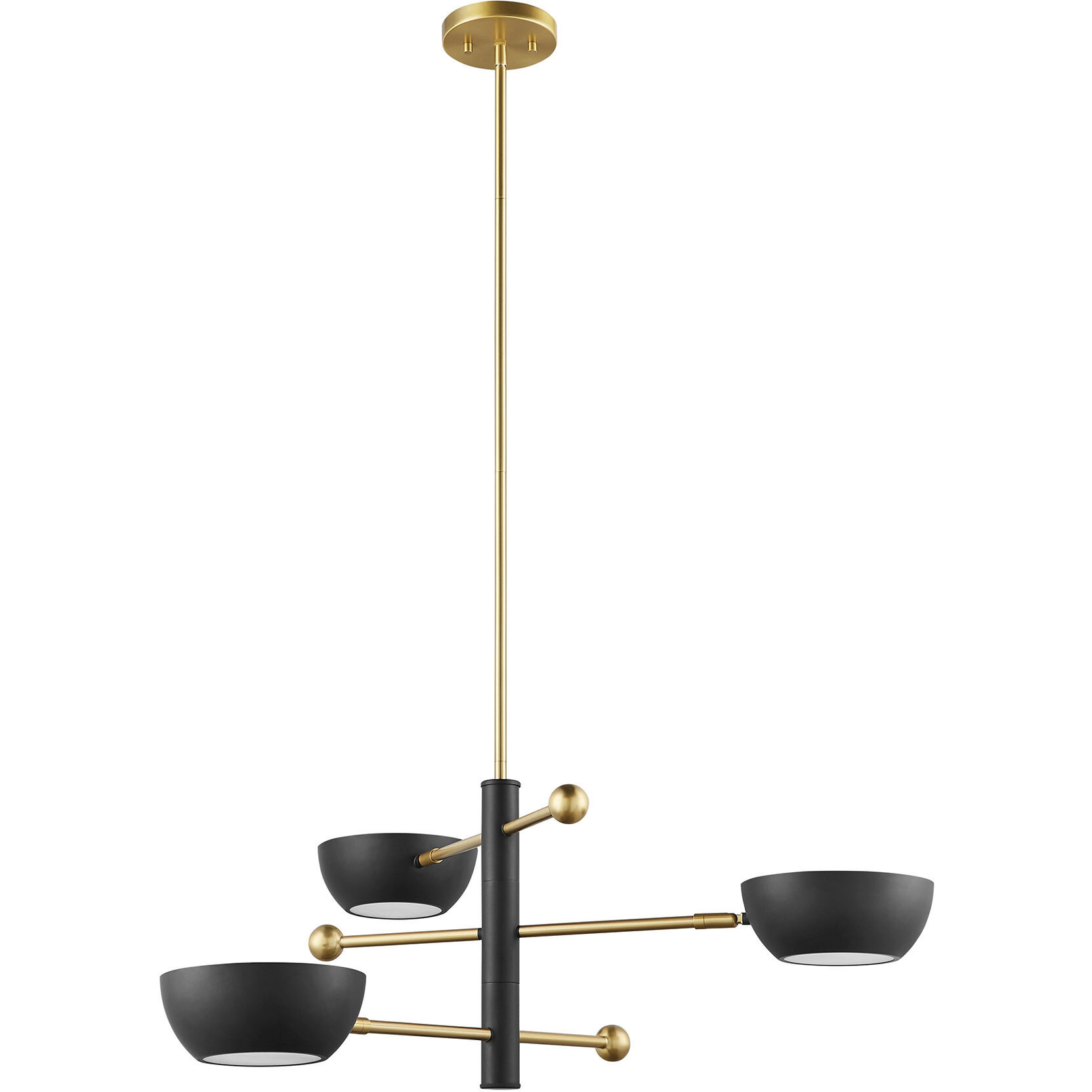 Contemporary 3 Light 33.75 inch Matte Black with Natural Brass Chandelier Ceiling Light