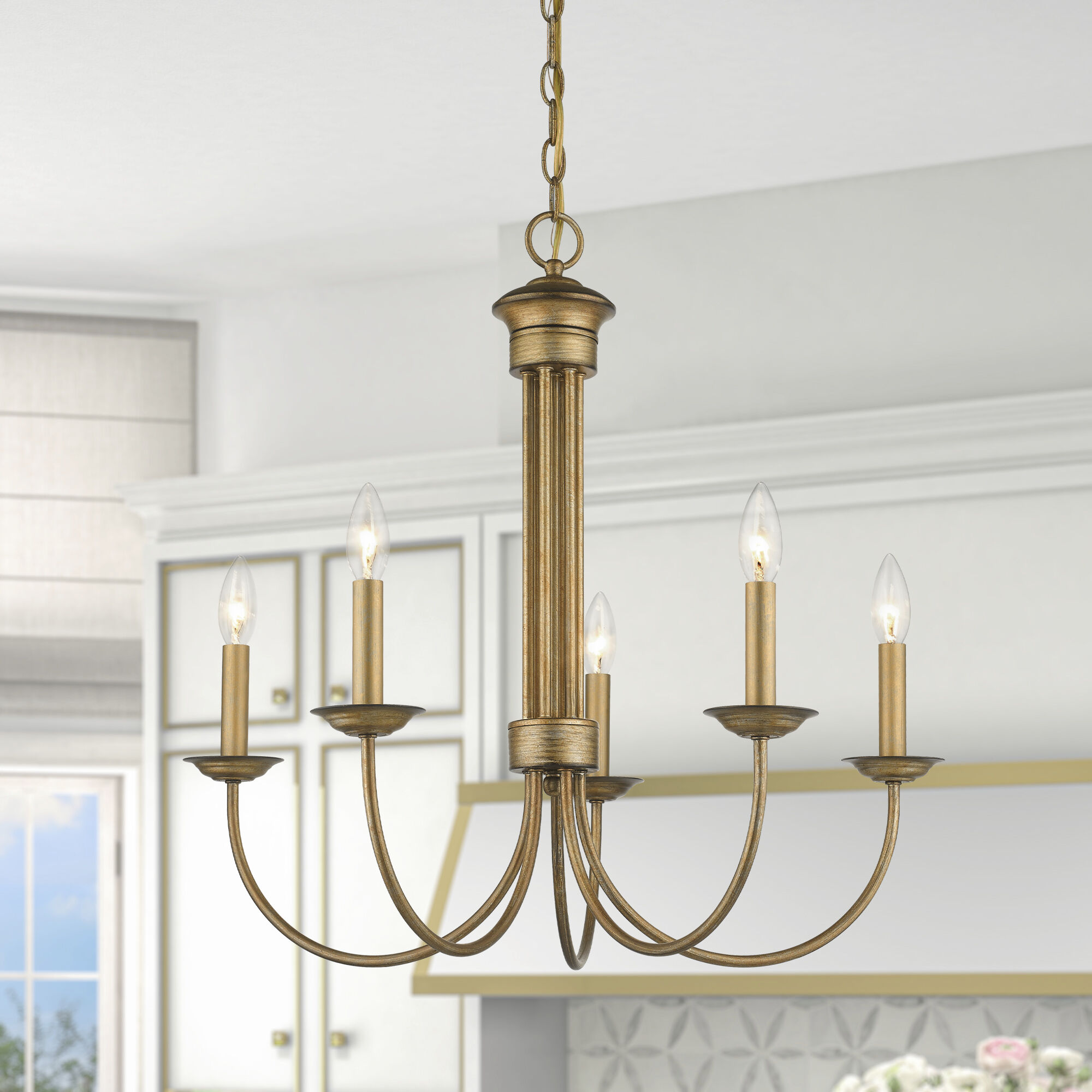 Estate 5 Light 25 inch Antique Gold Leaf Chandelier Ceiling Light
