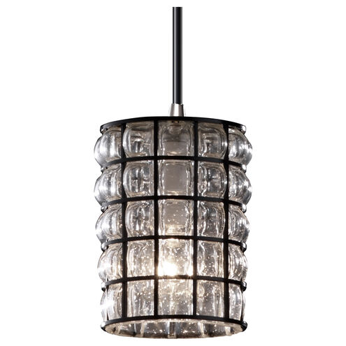 Wire Glass 1 Light 4 inch Brushed Nickel Pendant Ceiling Light in Black Cord, Grid with Clear Bubbles, Incandescent