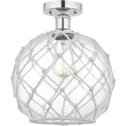 Edison Farmhouse Rope 1 Light 10 inch Brushed Satin Nickel Semi-Flush Mount Ceiling Light in Clear Glass with White Rope