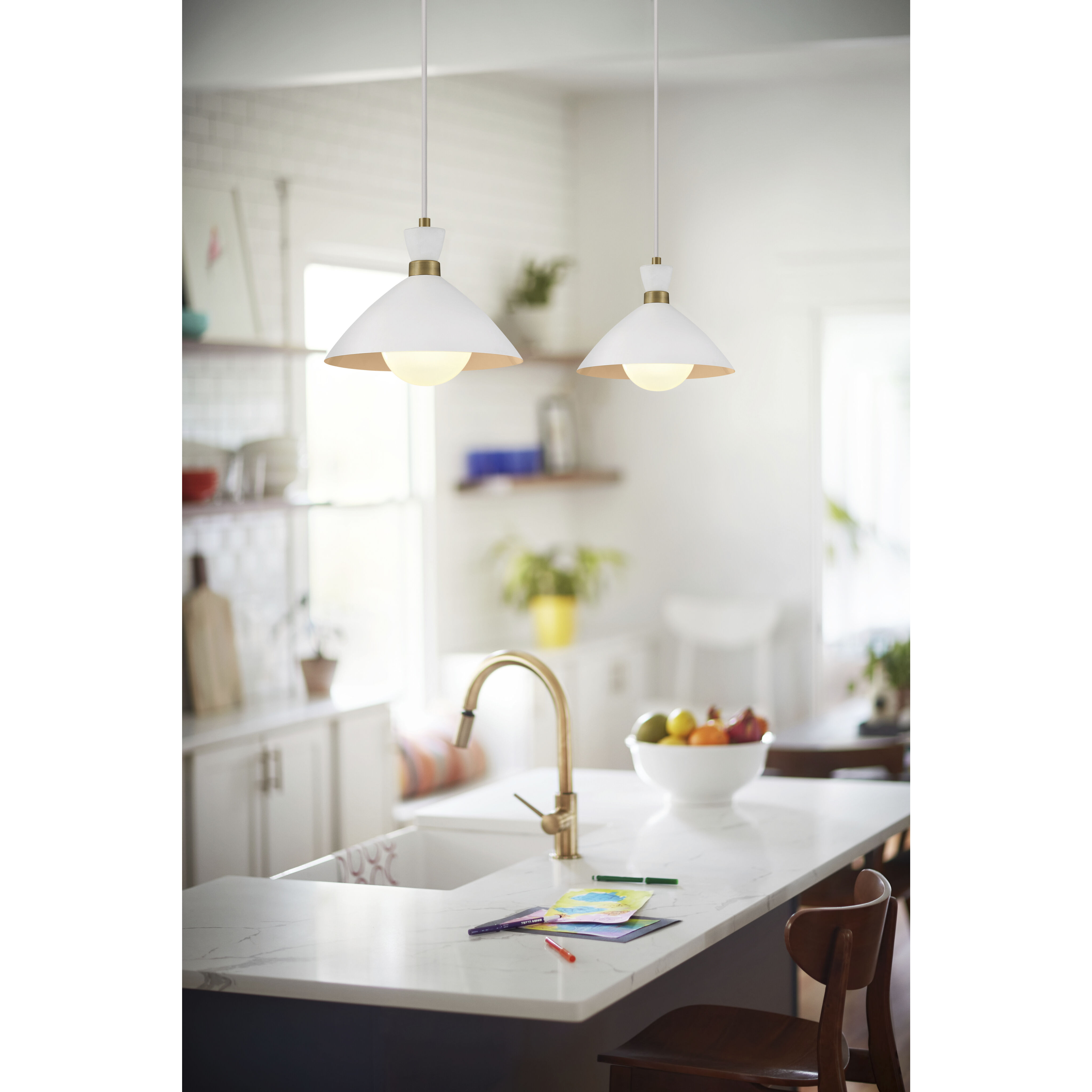 Simon LED 13 inch Matte White with Heritage Brass accents Pendant Ceiling Light, Semi-Flush Mount