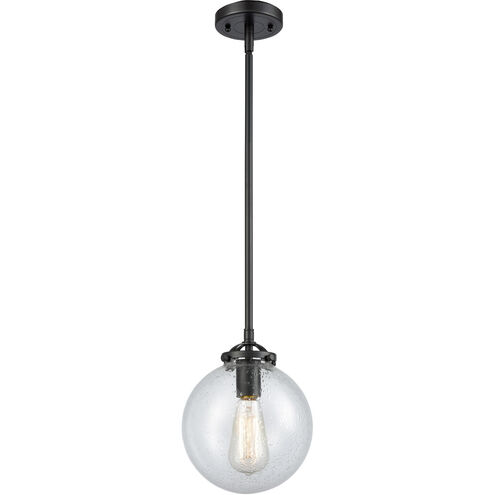 Nouveau Large Beacon LED 8 inch Oil Rubbed Bronze Mini Pendant Ceiling Light in Seedy Glass, Nouveau