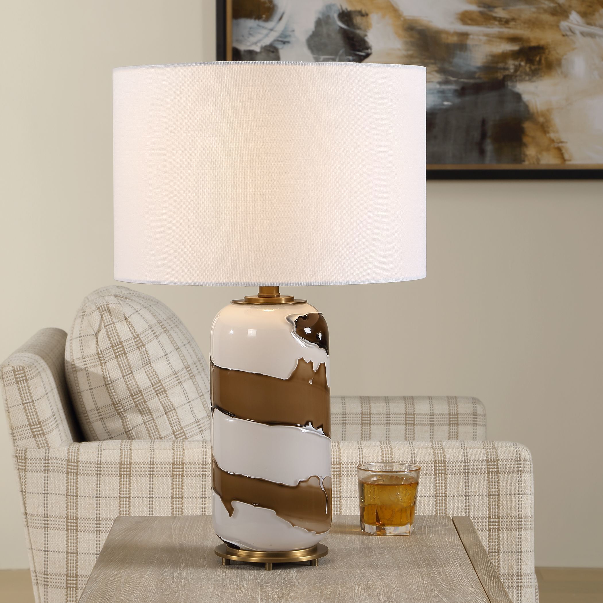 Ararat 24 inch 150 watt White And Brown with Antique Brass Table Lamp Portable Light