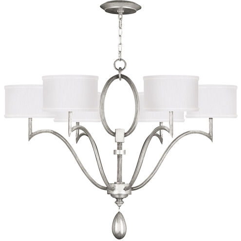Allegretto 6 Light 39 inch Silver Chandelier Ceiling Light in Silver Leaf, White Fabric