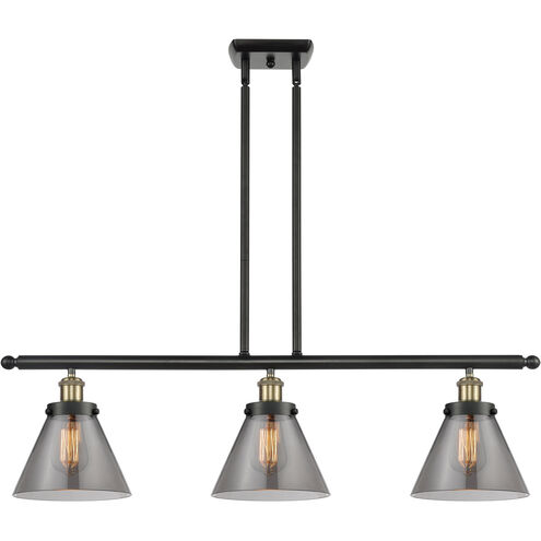 Ballston Large Cone 3 Light 36 inch Black Antique Brass Island Light Ceiling Light in Plated Smoke Glass
