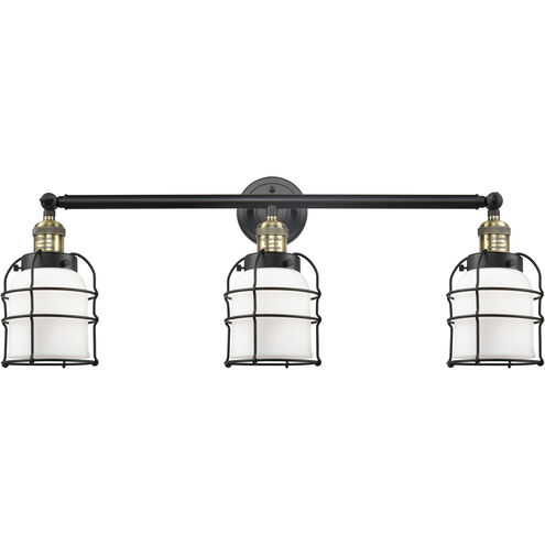 Franklin Restoration Small Bell Cage 3 Light 31 inch Black Antique Brass Bath Vanity Light Wall Light in Matte White Glass, Franklin Restoration