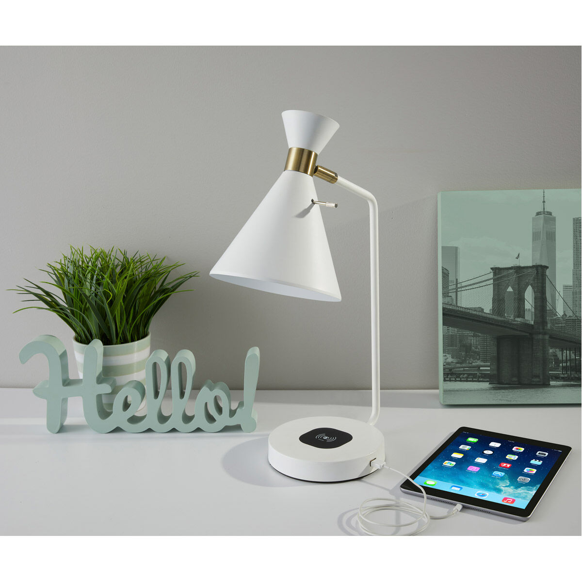 Maxine 19 inch 60 watt Matte White with Antique Brass Accents Table Lamp Portable Light, with AdessoCharge Wireless Charging Pad and USB Port