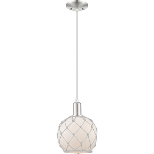 Arcadia Farmhouse Rope 1 Light 8 inch Brushed Satin Nickel Mini Pendant Ceiling Light in White Glass with White Rope