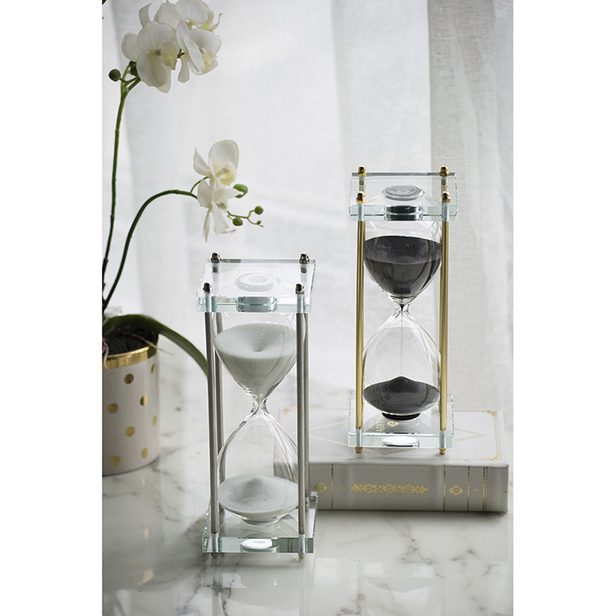 Modern Black and Clear and Brass Hourglass