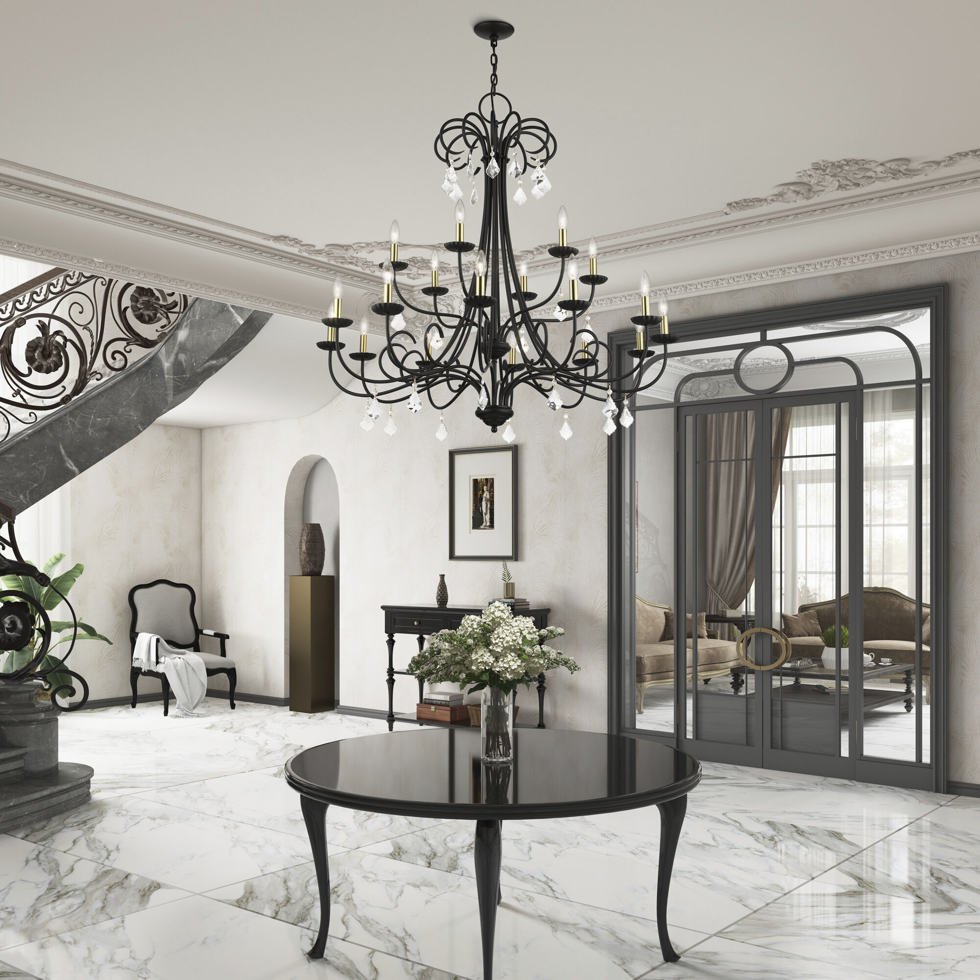 Daphne 18 Light 42 inch Black with Antique Brass Finish Accents Chandelier Ceiling Light in Black with Antique Brass Accents, Extra Large