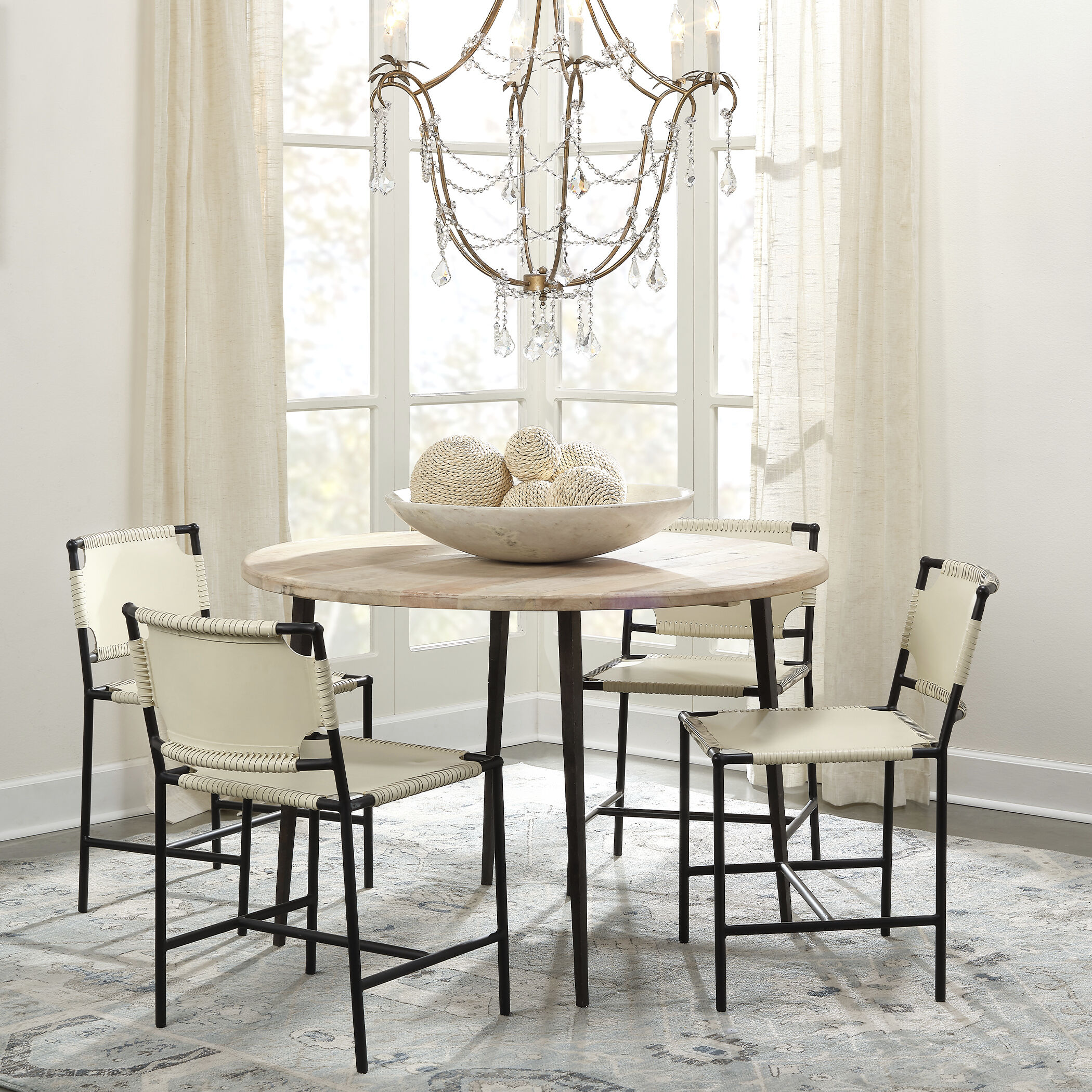 Asher Off White Leather & Black Forged Iron Dining Chair