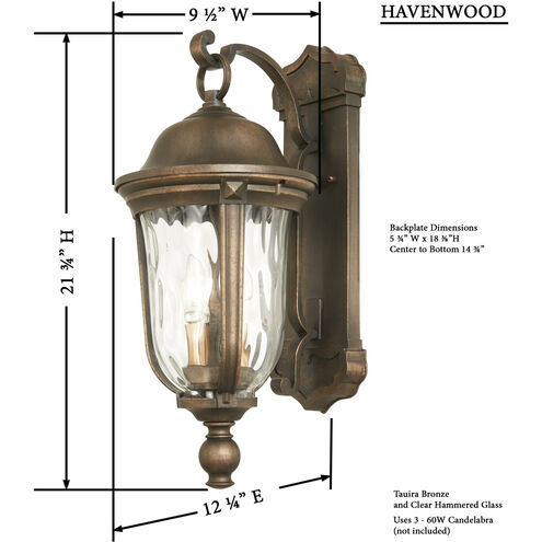 Havenwood 3 Light 22 inch Tavira Bronze And Alder Silver Outdoor Wall Mount, Great Outdoors 