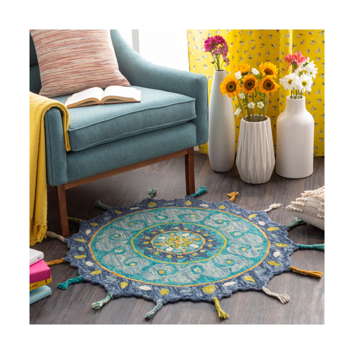 Bonifate 36 X 36 inch Teal/Ice Blue/Denim/Navy/Lime/Saffron/Cream Rugs, Round