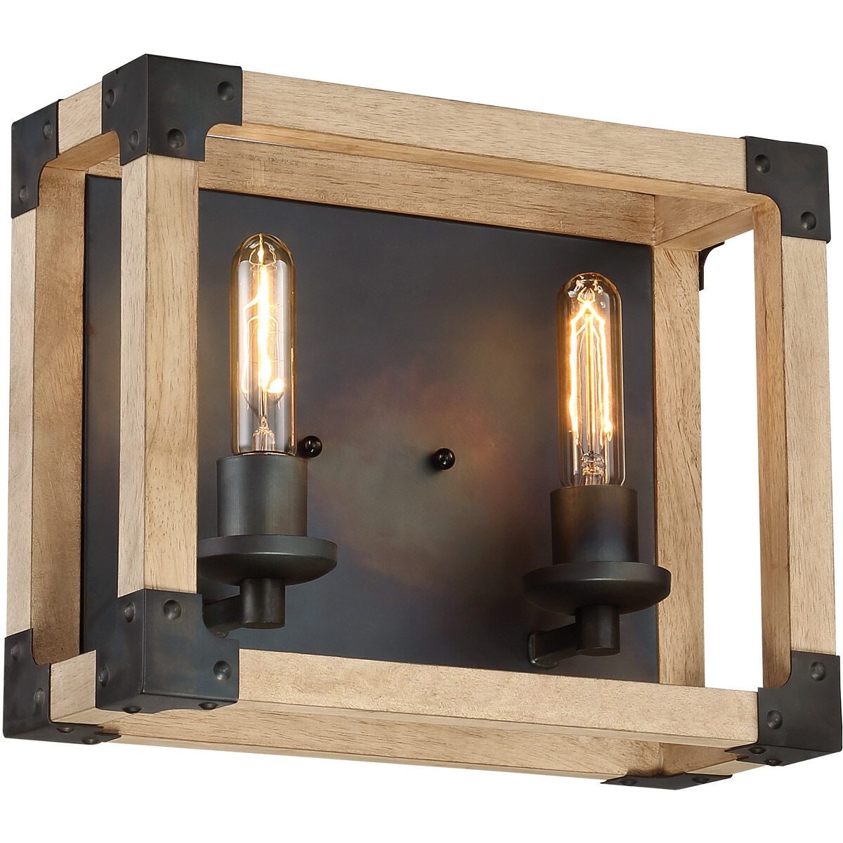Cubic 2 Light 14 inch Fired Steel/Natural Wood Vanity Light Wall Light