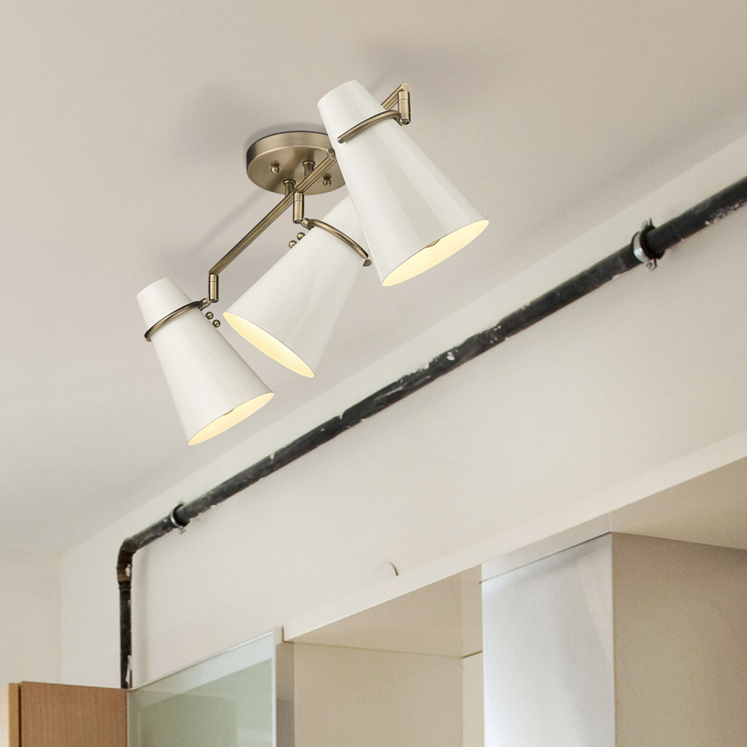 Reeva 3 Light 29.13 inch Modern Brass Semi-Flush Mount Ceiling Light in Glossy Ecru