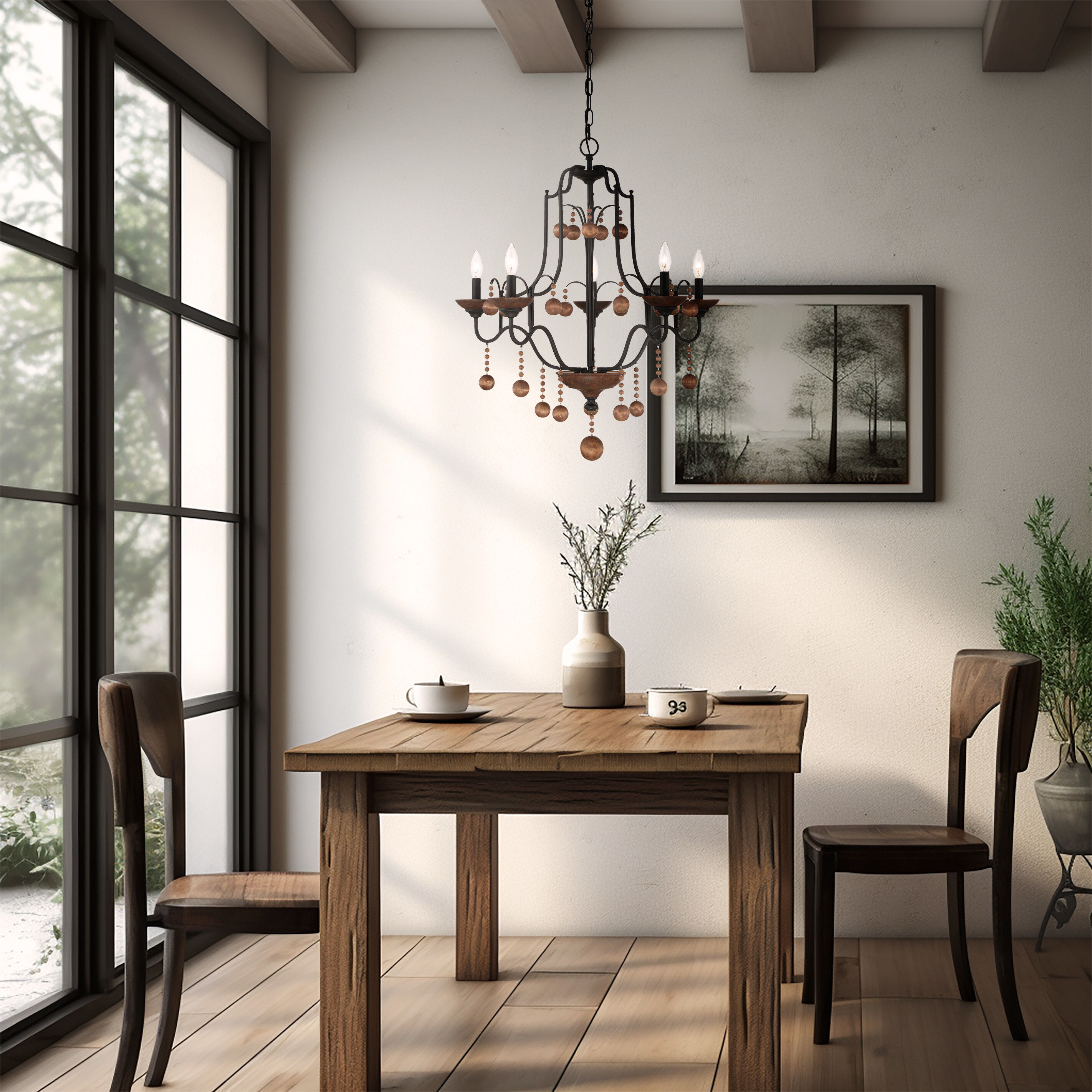 Colonial Charm 5 Light 28 inch Old World Bronze/Walnut Accents Chandelier Ceiling Light