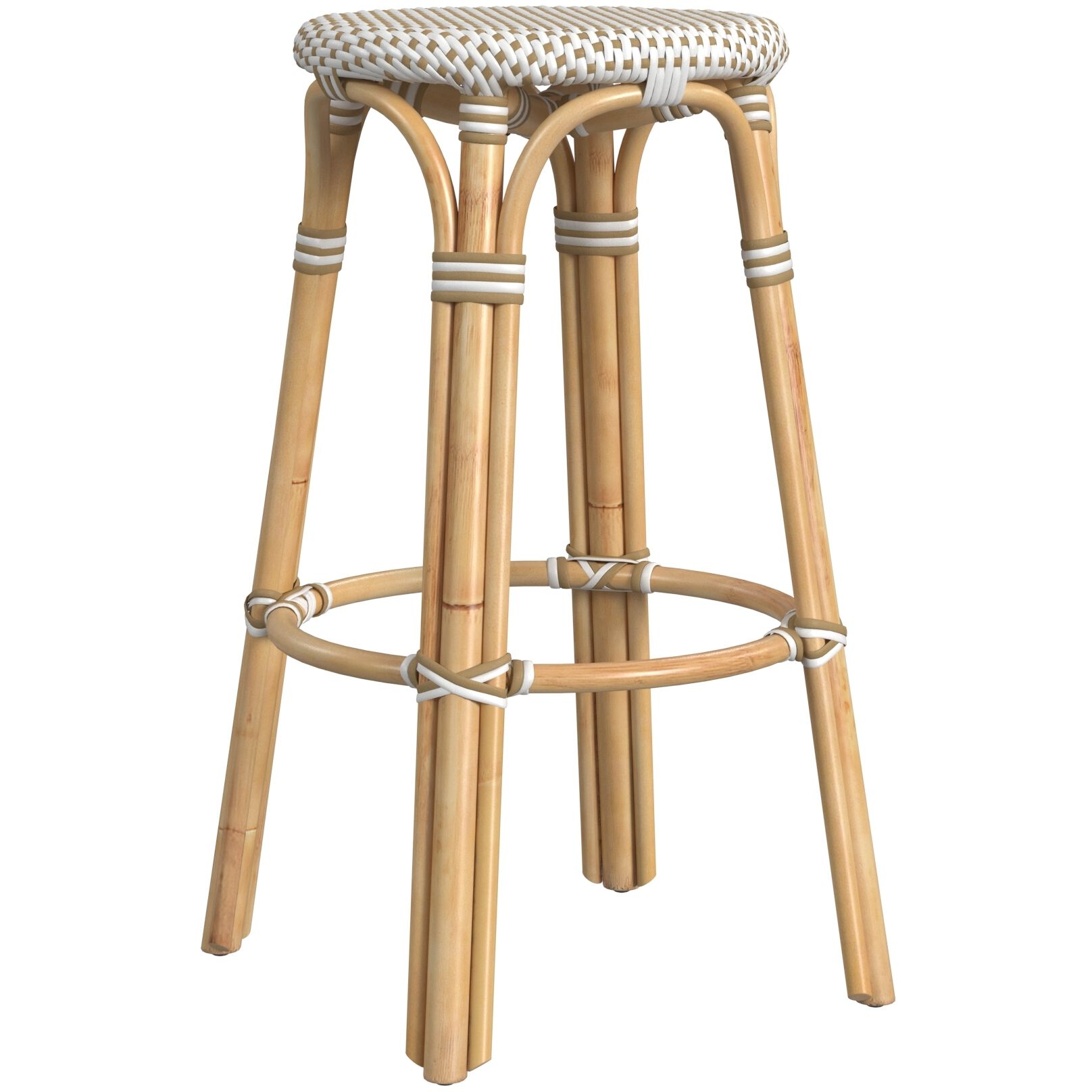 Tobias Round Rattan 30" Bar Stool in White and Tan Dot