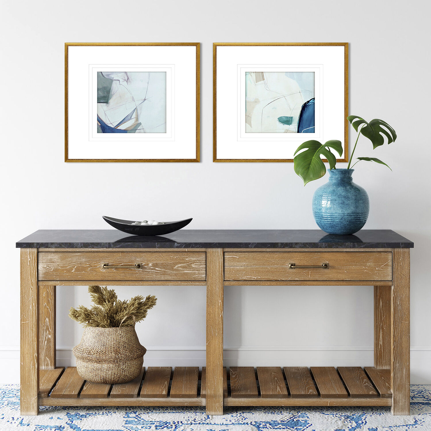 Abstract Blue and White and Beige and Green Framed Art