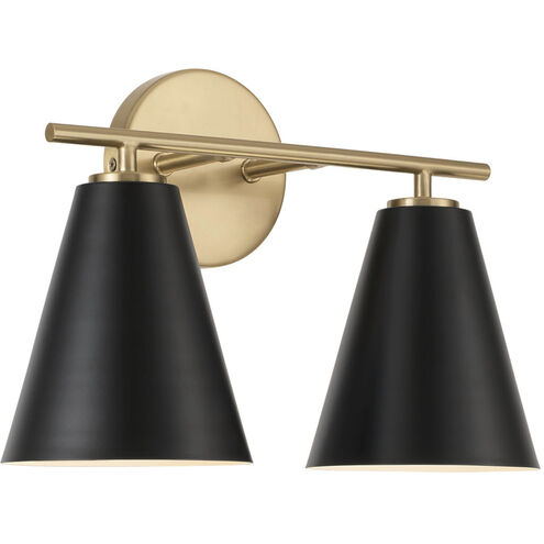 Charlie 2 Light 15 inch Matte Brass Vanity Light Wall Light in Matte Black with White Interior