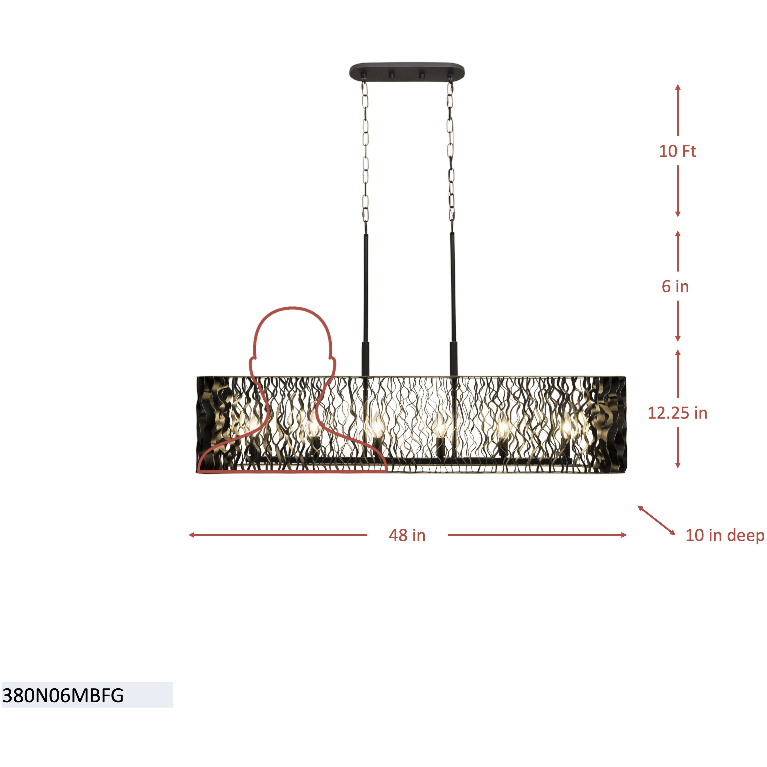 Estela 6 Light 48 inch Matte Black and French Gold Linear Pendant Ceiling Light, Smithsonian Collaboration