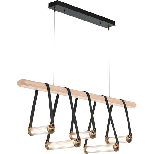 York LED 52 inch Black and Antique Brass Linear Pendant Ceiling Light in Black/Antique Brass, Black Leather with Maple Natural