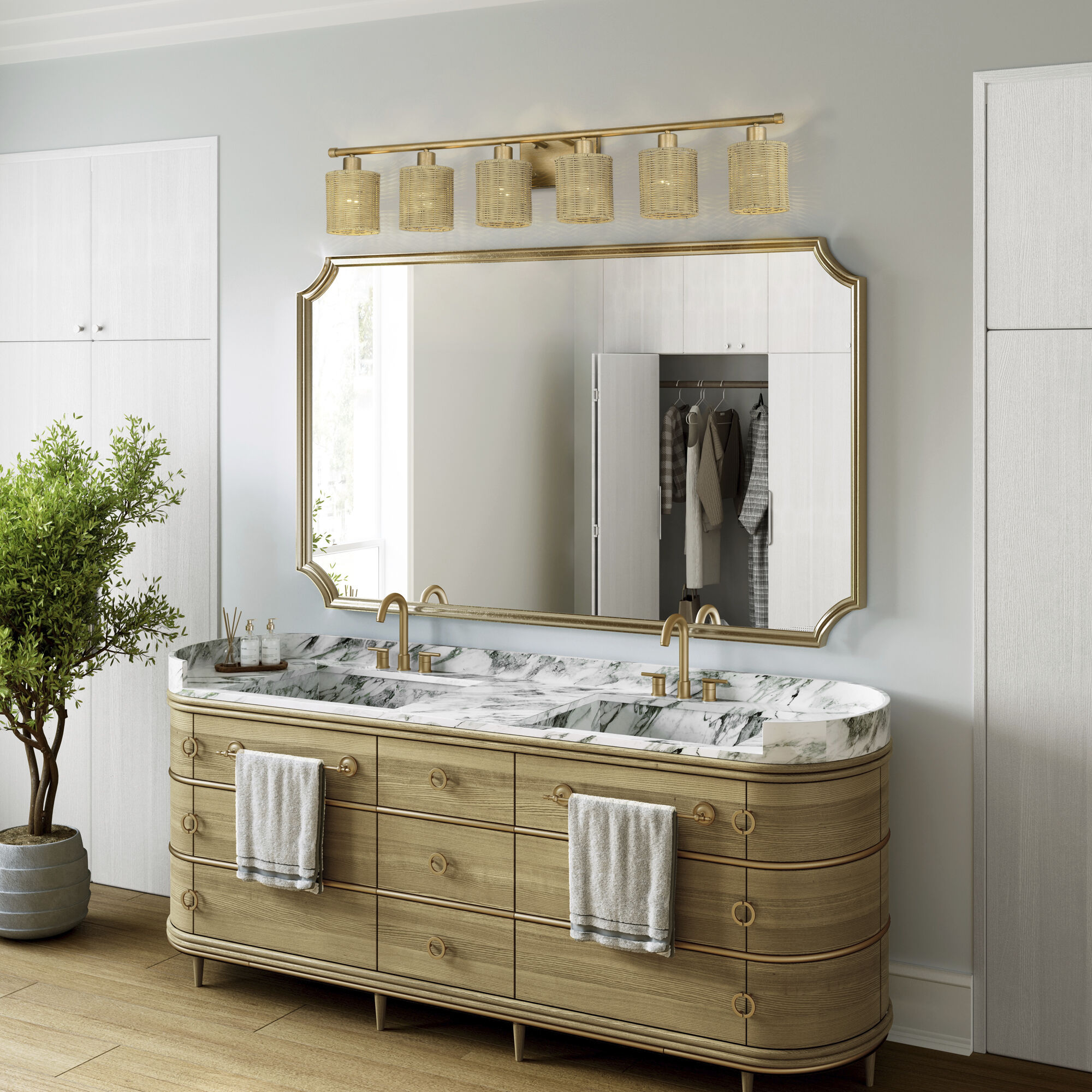 Weavington 6 Light 46 inch Antique Gold Leaf Vanity Wall Sconce Wall Light