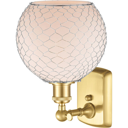 Ballston Farmhouse Chicken Wire LED 8 inch Satin Gold Sconce Wall Light in White Glass with Nickel Wire, Ballston