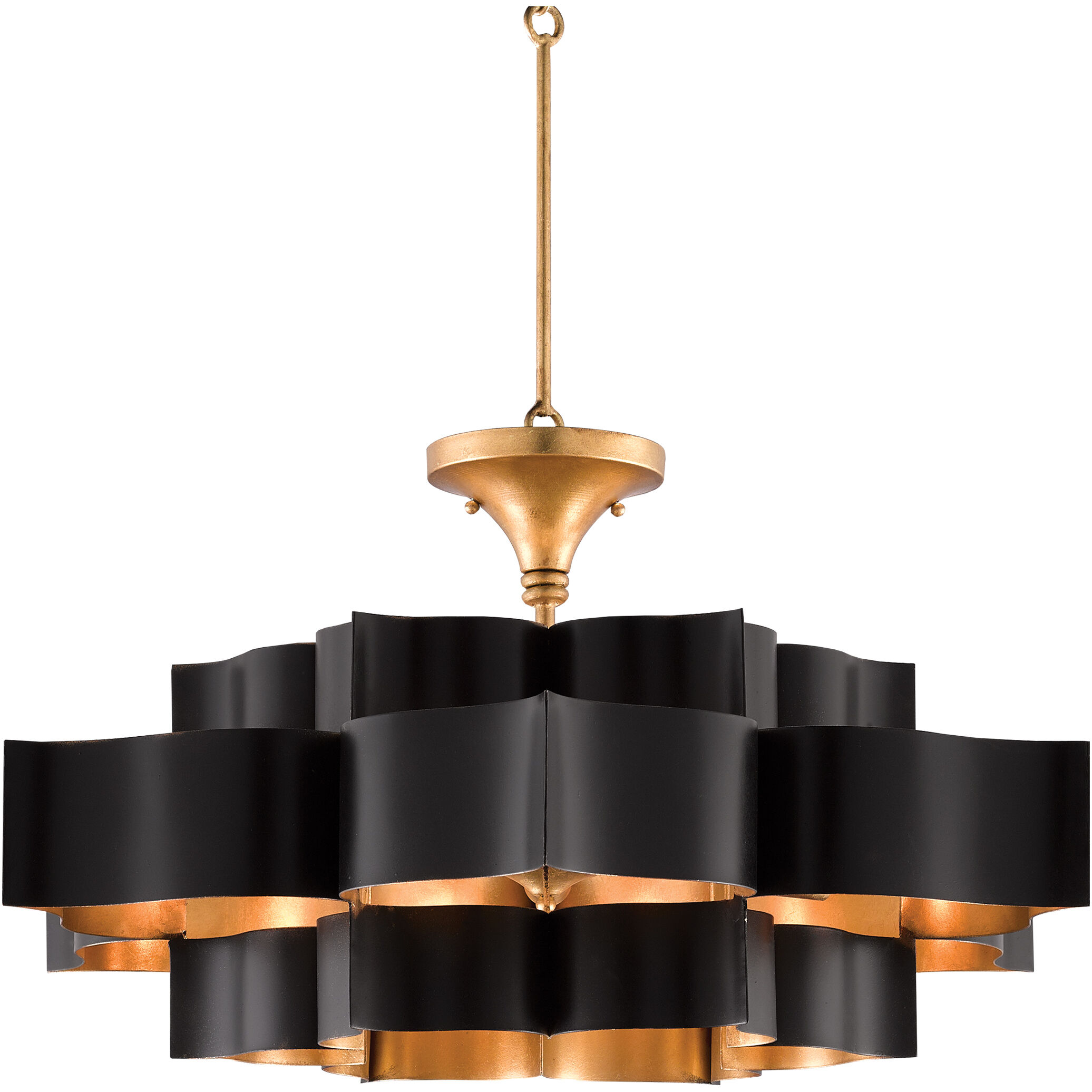 Grand Lotus 6 Light 30 inch Satin Black/Contemporary Gold Leaf Chandelier Ceiling Light, Large, Semi-Flush Convertible